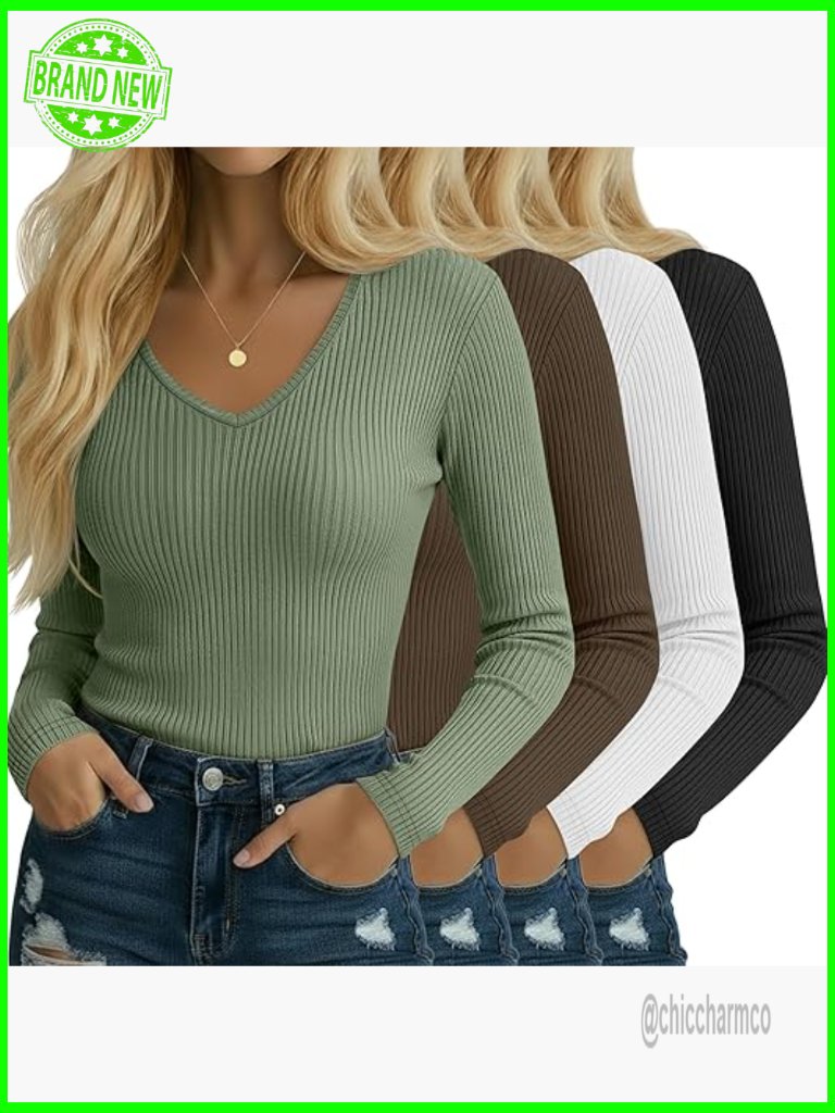 4 Pack Cotton Ribbed Long Sleeve V Neck Tops Layering Tees Fall Winter